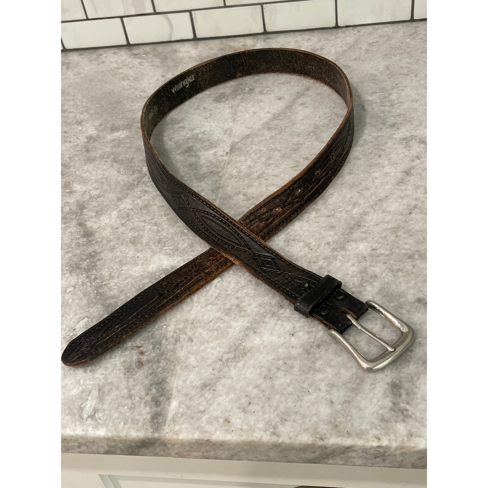 Vintage Wrangler Belt Men 40 Black Leather Western Embossed Diamond 6080 01